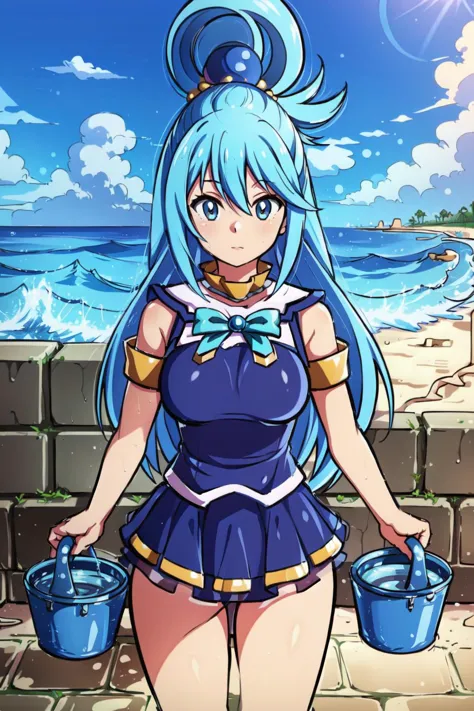 Meilleure qualité, détails complexes, 
 aqua (Konosuba), 1fille,  plage, eau, vagues, soleil, ciel bleu, des nuages,  regarder le spectateur,
 punition au seau,