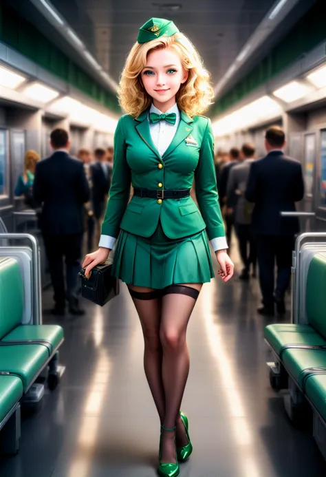 (medium full shot) of (vivacious young woman:1.1) flight attendant, french with curly blonde hair, bright green eyes, light skin...