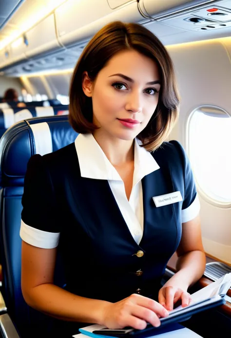 (medium full shot) of (esthetic young woman:1.1) flight attendant, american with straight brown hair in a bob, hazel eyes, light...