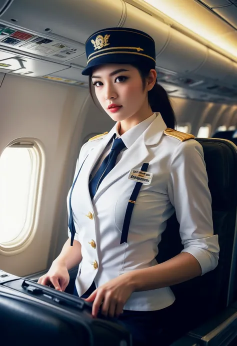 (medium full shot) of (desirable young woman:1.1) flight attendant, japanese with black hair styled in twin-tails, dark brown ey...