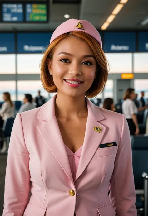 (medium full shot) of (bonnie flight attendant) young woman, willowy build, short ginger hair, philippine, tan skin, brown eyes,...