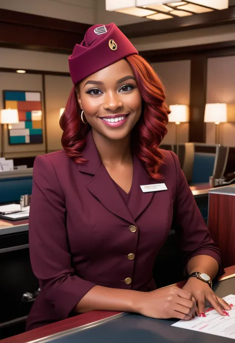 (medium full shot) of (bonnie flight attendant) young woman, tiny build, medium red hair, black american, dark skin, hazel eyes,  wearing a flight attendant hat, maroon shift dress, subtle eyeshadow, name badge, set in  a vibrant check-in desk, with colorful seating, trendy lighting, dynamic decor, and lively atmosphere  , woman smiling, ,Masterpiece,best quality, raw photo, realistic, very aesthetic