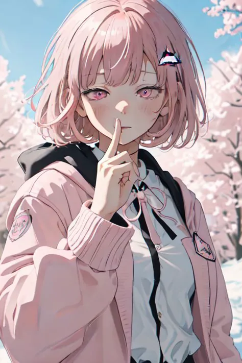 (Masterpiece:1.2), (Best quality:1.2), (highres:1.4) scenary, 1girl, chiaki nanami, blunt bangs, pink hair, Chiaki hair ornament, medium hair, (pink eyes:1.5), school uniform, :3, upper body, one eye closed, looking at viewer, (finger to own mouth:1.2), :p, black jacket, long sleeves, neck ribbon, open clothes, open jacket, pink ribbon, ribbon,