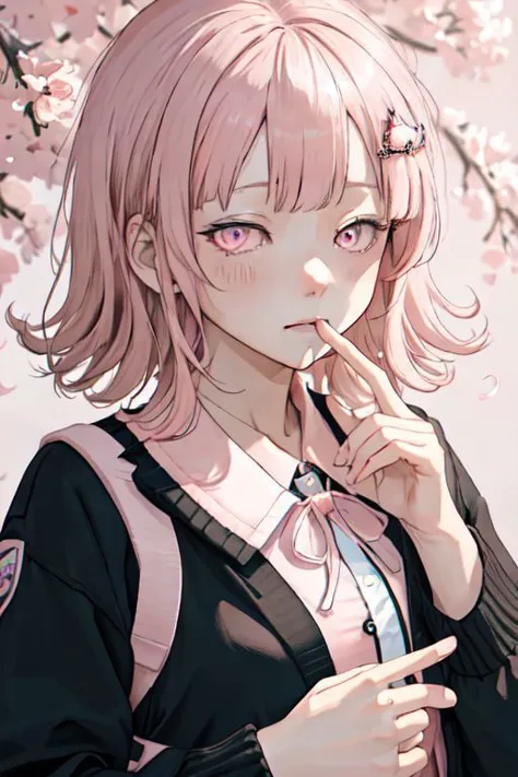 anime girl with pink hair and pink eyes holding a cigarette