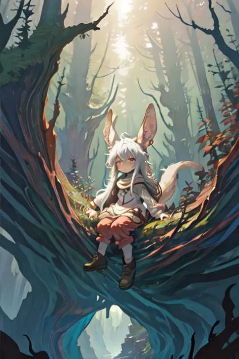 (masterpiece, best quality), 1girl, beautiful face, nanachi, full body, scenary, Magnificent, bright eyes,  sitting, nature dark...