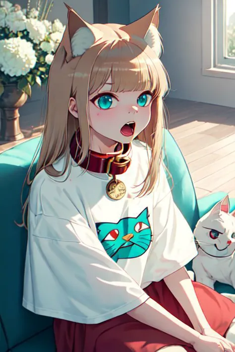 masterpiece, (Best quality:1.2), highres, (scenary:1.2), light, 1girl, cute, cat girl, a little girl with a shirt that says osakakana, cat ears, aqua_eyes, blond hair, t-shirt, oversized_shirt, (red_collar:1.2), (indoors, sofa, flowers), casual home, pawn pose, around flowers/(white flowers/), cute, open mouth /(Meowing/:0.7)