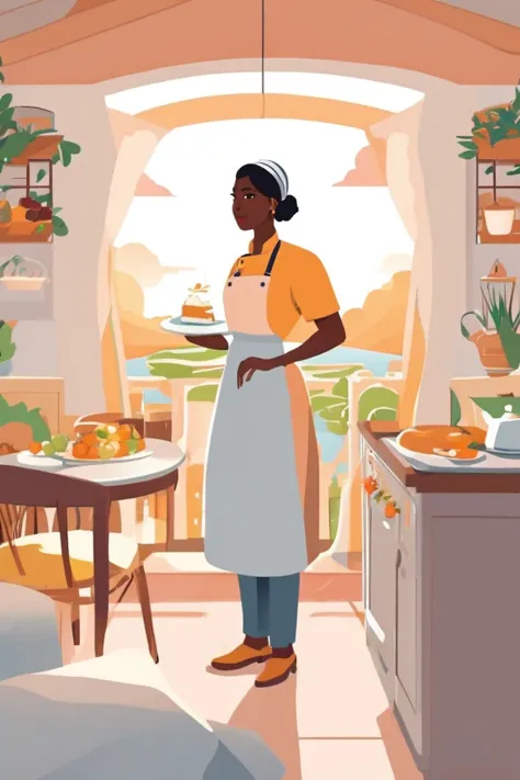 illustration of a woman in a kitchen with a tray of food