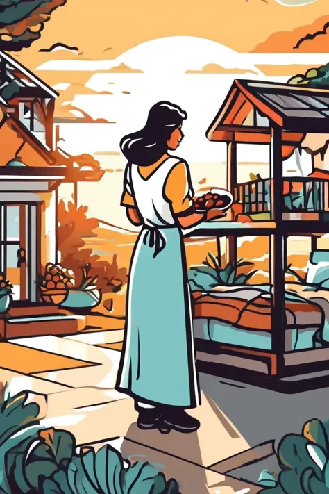 illustration of a woman standing in front of a garden with a house in the background