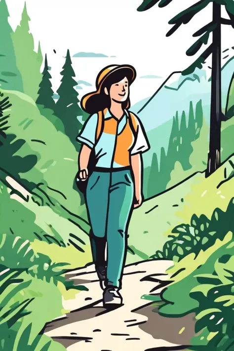 a woman walking down a path in the woods with a backpack