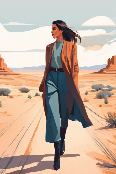 a woman walking down a dirt road in a desert