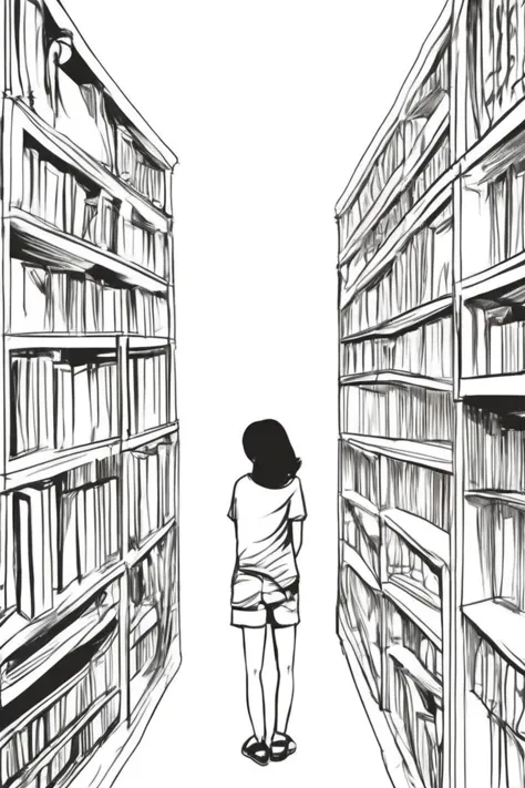 a drawing of a person standing in a library looking at books