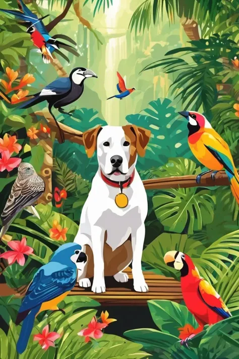 a dog sitting on a bench surrounded by birds and flowers