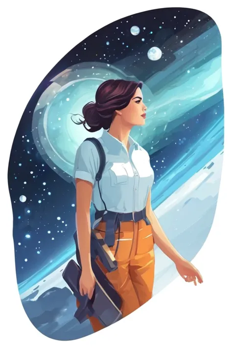 a woman in a white shirt and orange pants walking through space