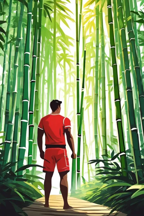 a man in a red shirt standing in front of a bamboo forest