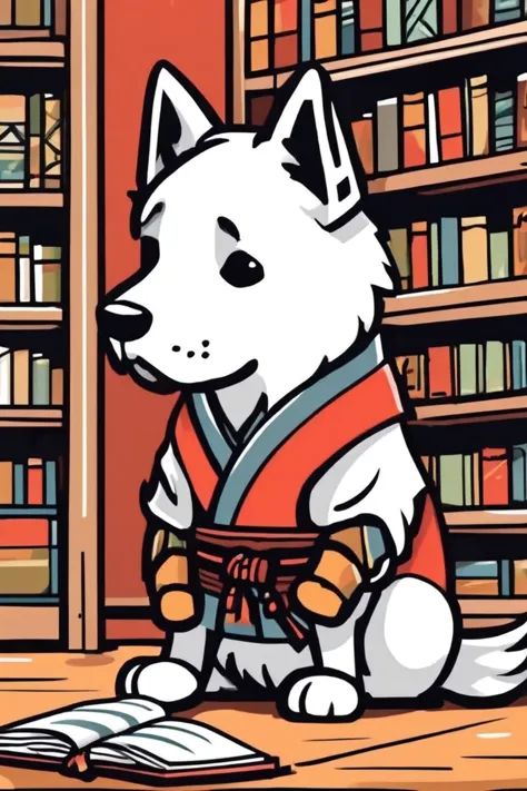 cartoon dog in a kimono sitting on the floor in front of a bookcase