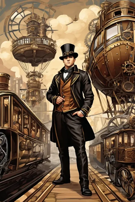 a close up of a man in a top hat standing on a train track