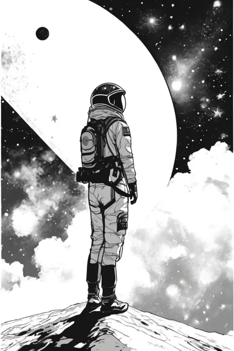 a black and white illustration of a man in a space suit standing on a rock