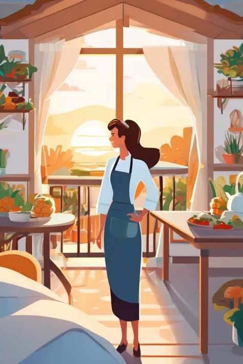 flvcil08 style <lora:style_08_simple_tone_l0-x_flvcil08_style:1>, woman  standing, 
chef, hyperdetailed,
Quaint bed and breakfast and sunrise, 
high quality, masterpiece, highres,