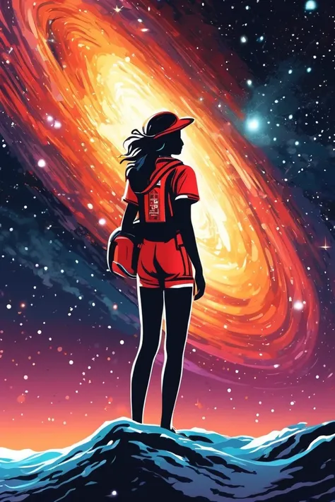 a woman standing on top of a hill looking at a galaxy