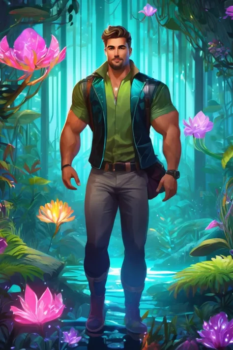 flvcil08 style <lora:style_08_simple_tone_l0-x_flvcil08_style:1>, man  standing, 
stripper, functional,
Enchanted forest and bioluminescent flora, 
high quality, masterpiece, highres,