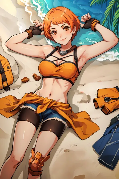 masterpiece, beach, 1girl, lying, looking at viewer, smile, <lora:LeonieFE3H-FEH:0.8> sumLeonie, short hair, orange bikini, fing...