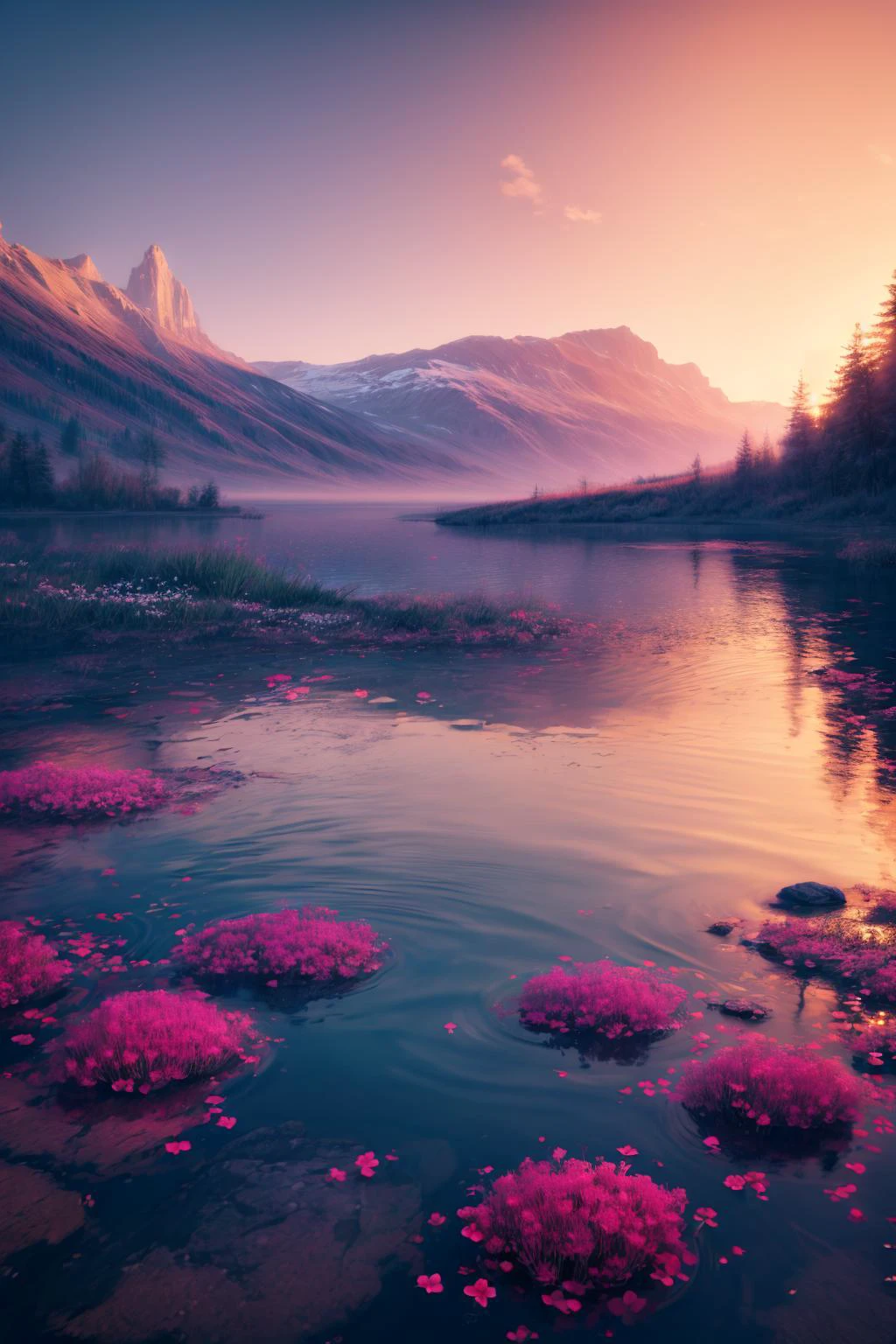 (top quality,8k wallpaper),(masterpiece,best quality:1.2),(high_resolution:1.2),(ultra details:1.2)
a beautiful girl, nude, blonde long hair, (sagging breasts), (full body)
in a dark and ominous landscape of floating flowers with shallow reflective water to the horizon
