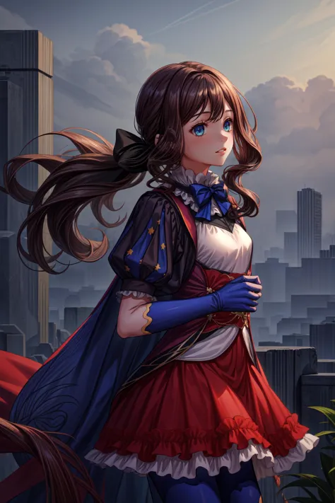 a woman in a red dress and blue cape standing on a ledge