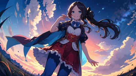 <lora:leonardo_da_vinci_(rider)_v1:0.7> davinci, ponytail, hair bow, parted bangs, small breasts, blue bow, cape, puffy short sleeves, red skirt, blue pantyhose, (night sky:1.2), midnight, constellation, (squinting:0.9), looking at viewer, smile, fisheye, from below, grasslands, masterpiece, best quality, highres, <lora:GoodHands-vanilla:1> nice hands, perfect hands