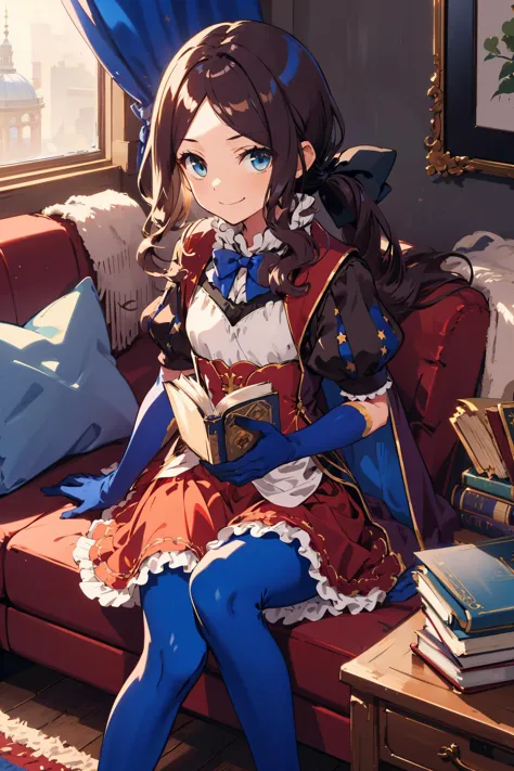 <lora:leonardo_da_vinci_(rider)_v1:0.7> davinci, ponytail, hair bow, parted bangs, small breasts, blue bow, cape, puffy short sleeves, blue gloves, red skirt, blue pantyhose, wooden, books, carpet, couch, smug, masterpiece, best quality, highres, <lora:GoodHands-vanilla:1> nice hands, perfect hands