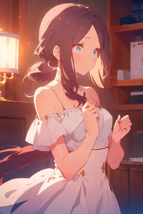 anime girl in white dress standing in front of a book shelf