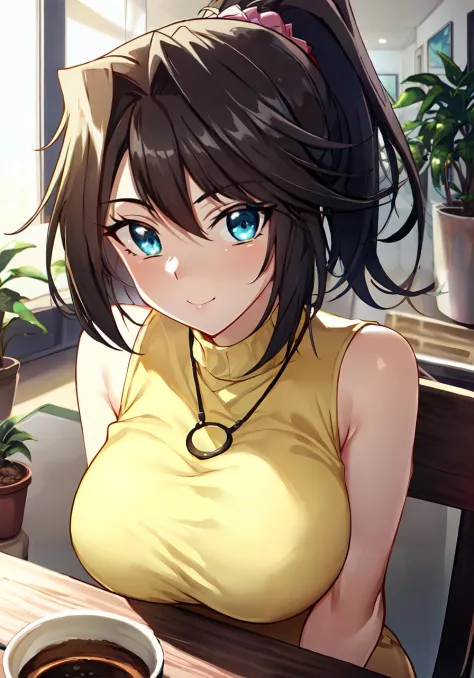 ((masterpiece)), breasts, looking_at_viewer, anzu dsod, 1girl, solo, smile, blue_eyes, skirt, (yellow turtleneck:1.8), brown_hair, thighhighs, jewelry, ponytail, sleeveless, belt, necklace, scrunchie,

masterpiece, best quality, high quality, absurdres, shiny skin, colorful, dynamic pose, stunning art, best quality, hyper detailed, dynamic angle, beatlful detailed, reflective hair, good lighting, ray tracing, depth of field, ultra-detailed, illustration, Amazing, fine detail, extremely detailed, ((ultra-detailed)), (beautiful detailed girl), beautiful detailed glow, intricate detail, highres, an extremely delicate and beautiful, beautiful detailed eyes, realistic, hdr, rounded eyes, detailed facial features,

(illustration), (beautiful detailed eyes), ((very detailed face)), depth_of_field, eyebrows_visible_through_hair, frills, looking_at_viewer, (upper body:1.2),

(indoor, potted plant:1.2),

critical angle