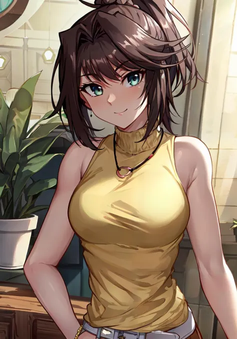 anime girl in yellow top and jeans standing in front of a plant