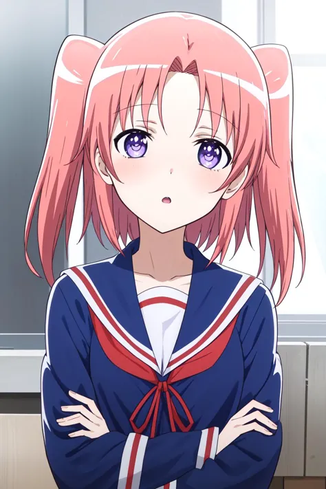 Yonomori Kobeni,1girl, solo,school_uniform, purple_eyes, looking_at_viewer, serafuku, two_side_up, open_mouth,head tilt,