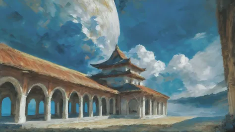 oil painting, photoshop rough oil brush set, morning, blue sky, clouds, architecture,  Cryptidcore Lunar Highlands, vibrant colo...