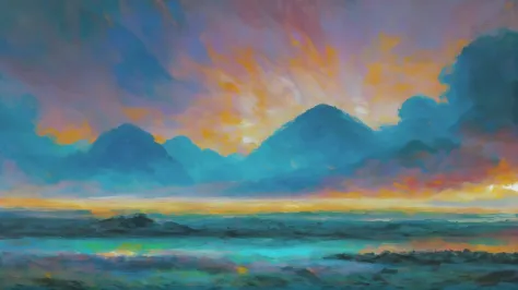 oil painting, photoshop rough oil brush set, noon,  scenery, "at the Neon Liminal Empyrean", vibrant color scheme<lora:EnvyAnime...