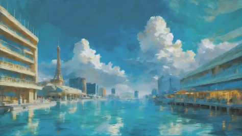 oil painting, photoshop rough oil brush set, morning, blue sky, clouds, scenery, tiny  Las Vegas in a Mermaid Lagoons, vibrant c...