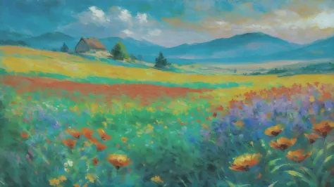 oil painting, photoshop rough oil brush set, well-lit interior, in a Bright wildflower field, vibrant color scheme<lora:EnvyAnim...