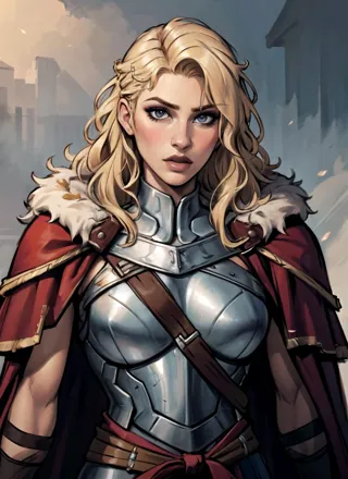 Belle femme, guerrier viking, manteau de fourrure, armure, cheveux blond, cheveux ondulés, (fermer, portrait), (seulement), Réaliste