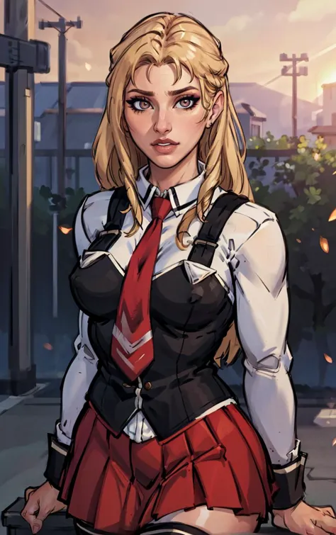 a close up of a woman in a uniform with a red tie