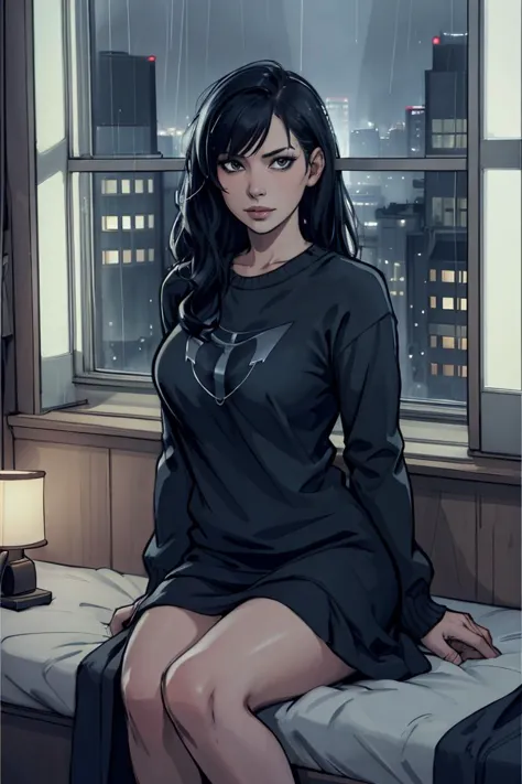 masterpiece, best quality, 8k, artstation, wallpaper, official art, splash art, sharp focus, beautiful woman, wearing comfy clothes. sitting by window, looking out window, at night. rainy night. ((in cozy bedroom)), (solo)