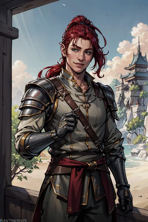 close up, portrait,masterpiece, best quality,male focus, 1man, male focus, long red ponytail, smile, general adventurer ,light armour, tall man, east asian architecture, realistic, dnd character portrait, half body,closer up,water eyes, dnd, rpg, lotr game design fanart by concept art, behance hd, artstation, deviantart, global illumination radiating a glowing aura global illumination ray tracing hdr render in unreal engine 5, fantasy , mystery