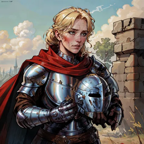 (finished masterpiece female knight carrying helmet looking down),close up portrait,solo,medieval fantasy,on a ruinous smoky battlefield,heavy armor,red cape,blond hair,hair tied back,40 yo,wrinkle face,blemishes,exhausted,helmet on helmet off,daytime,smoke billowing in the distance,depth of field,