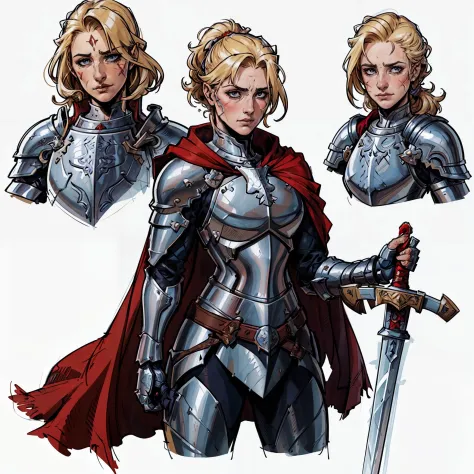 (finished masterpiece female knight with sword and shield), (surrounded by character design sketches:1.4), random poses, medieva...