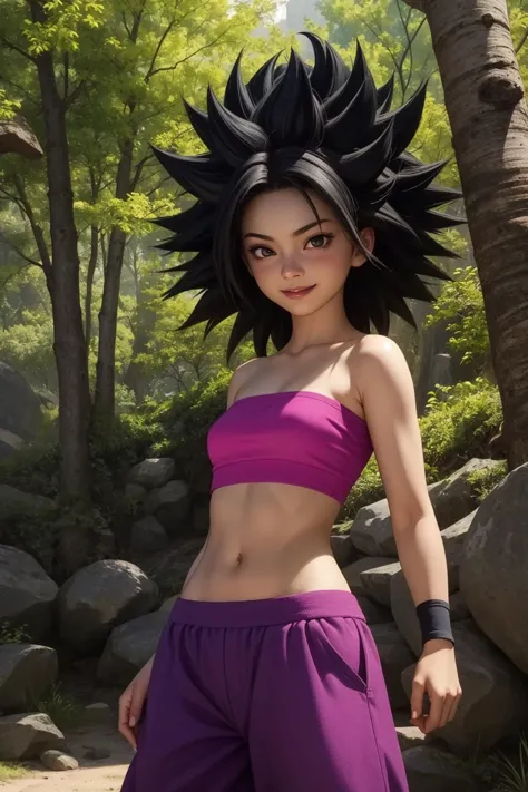 caulifla, 1girl, solo, black hair, black eyes, spiked hair, big hair, super saiyan, grey eyes,
bare shoulders, midriff, pnk top,...