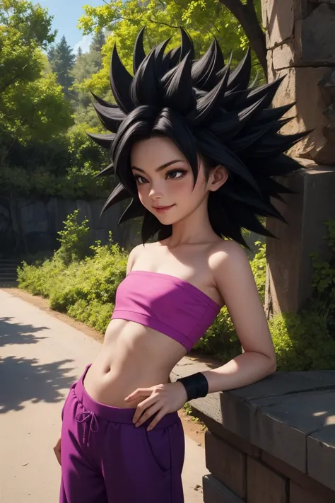 caulifla, 1girl, solo, black hair, black eyes, spiked hair, big hair, super saiyan, grey eyes,
bare shoulders, midriff, pnk top,...