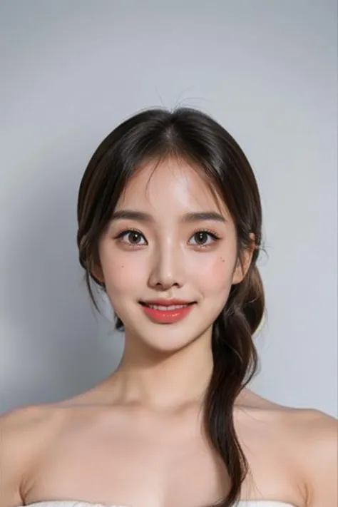 (masterpiece, top quality, best quality, (close-up photograph: 2), ((1girl)), korean, slim face, fair skin, (extremely detailed face), ultra-detailed eyes and pupils, ((bare pectorals)), ((bare chest)), ((tube dress)), bare head, (((bare shoulders))), symm...