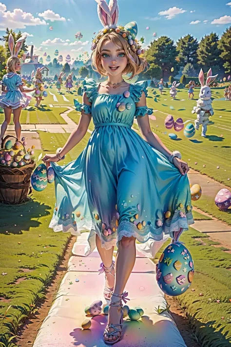 <lora:EasterEggsWorld:1> (EasterEggsWorld:1.2) (many girls:1.2) running on the green field (long dress colorful:1.3)  <lora:people_count_slider_v1:3>