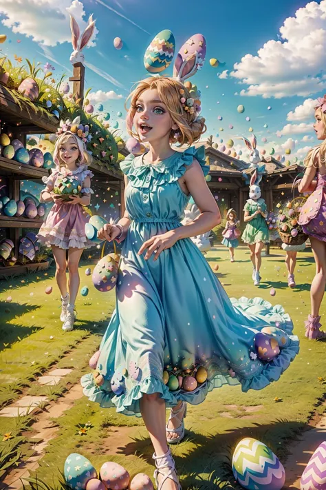 a group of girls in dresses and bunny ears running through a field