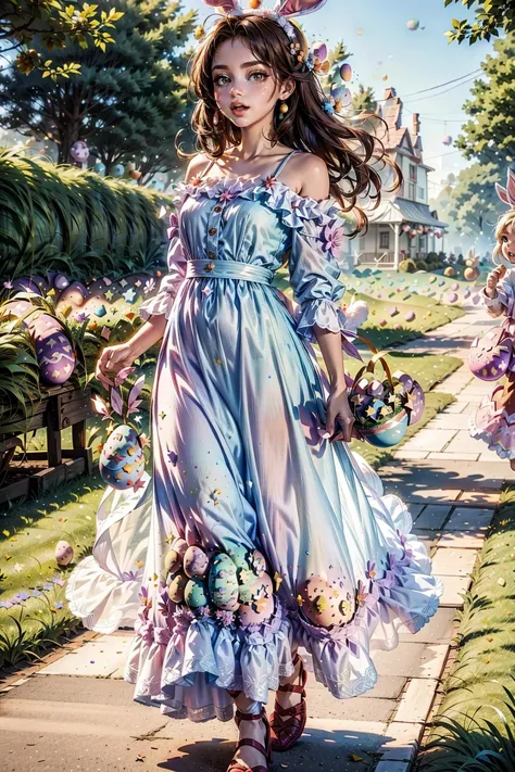 a woman in a dress walking down a sidewalk with flowers