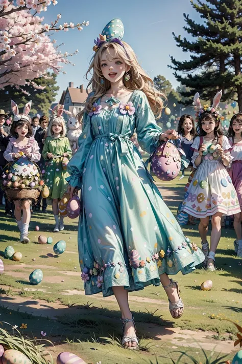 <lora:EasterEggsWorld:1> (EasterEggsWorld:1.2) (many girls:1.2) running on the green field (long dress colorful:1.3)  <lora:people_count_slider_v1:3>